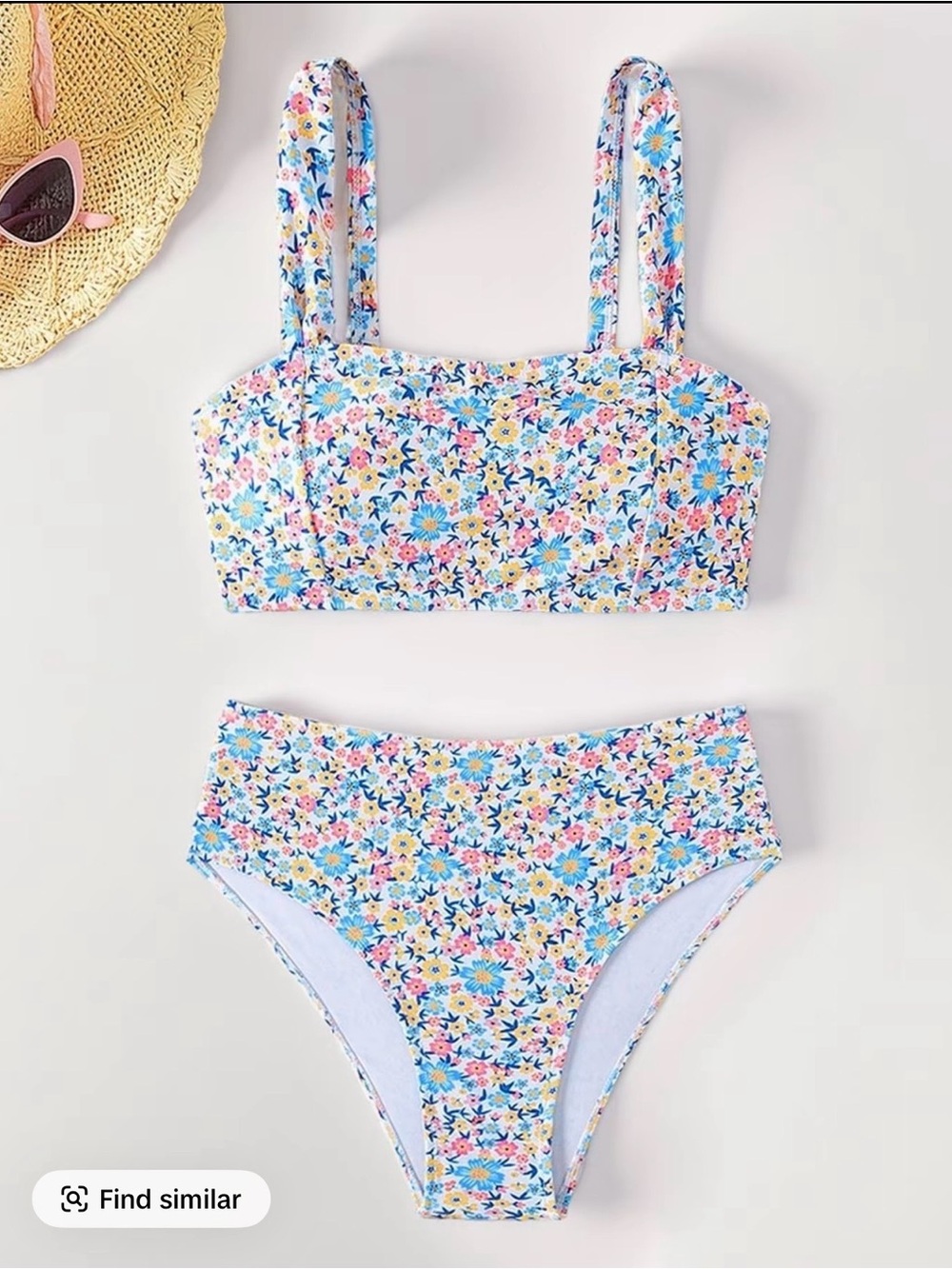 Floral Bandeau High-Waist Bikini Set in Blue Multi - Women Swim Bikini